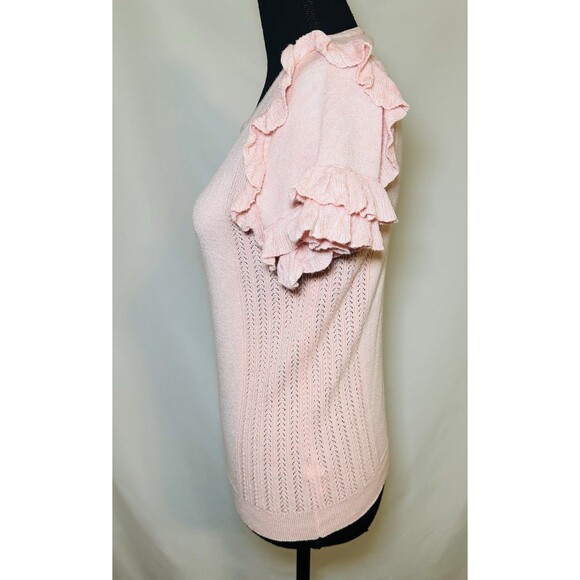 Mimi +‎ Daphne Pink Short Sleeve Ruffled Sweater Top Thin Semi Sheer Women's M - Picture 2 of 10